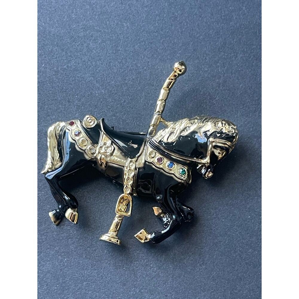 Vtg. Black Gold Carousel Horse Merry Go Round Horse Brooch Enamel Rhinestones